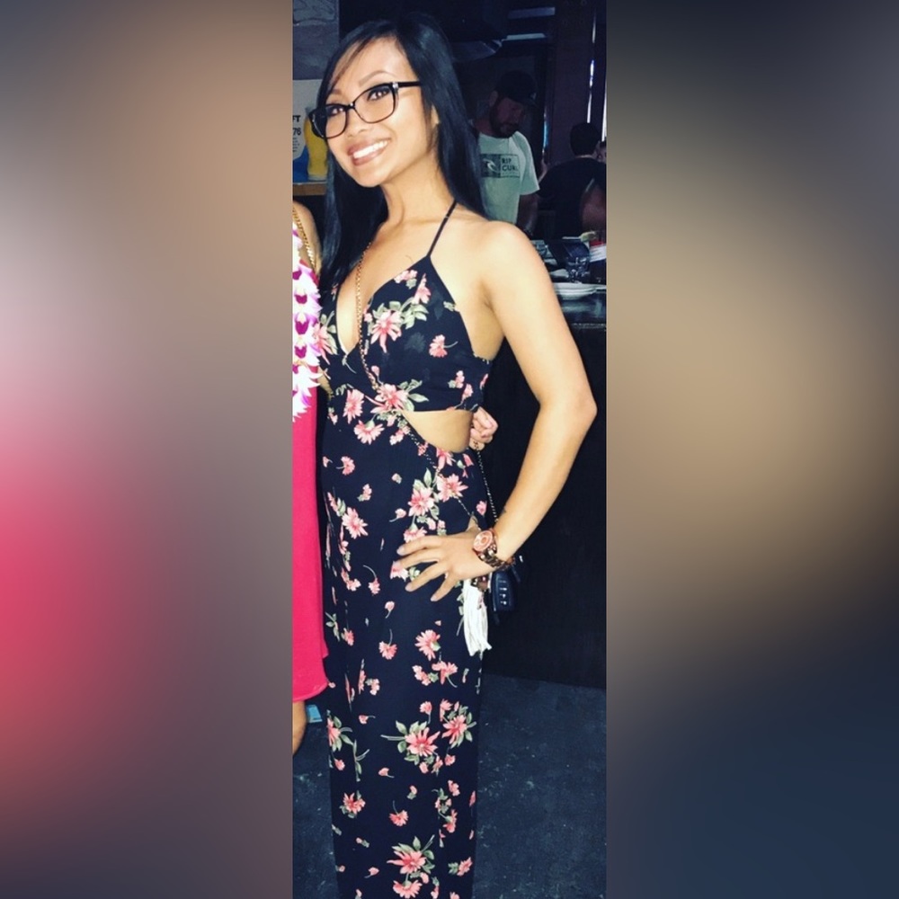 Floral halter open back black jumpsuit size S like new